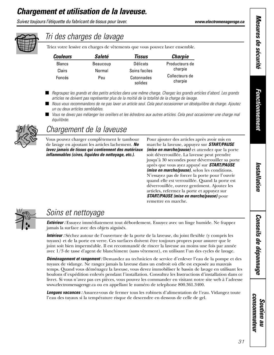 GE GCVH6260, WBVH6240 Chargement et utilisation de la laveuse, Tri des charges de lavage, Chargement de la laveuse 