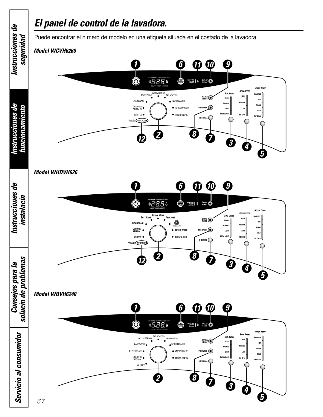 GE GBVH6260, WBVH6240 El panel de control de la lavadora, Instrucciones de Seguridad, Instrucciones de Instalación Para la 
