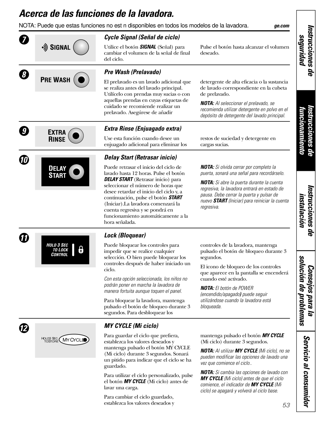 GE GBVH6260 Acerca de las funciones de la lavadora, Problemas Para la, Cycle Signal Señal de ciclo, MY Cycle Mi ciclo 