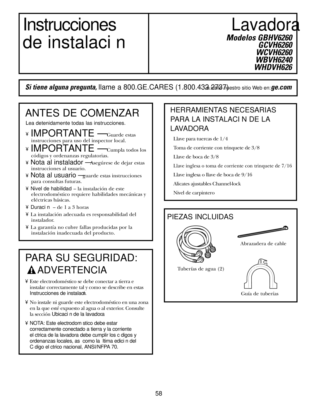 GE GCVH6260, WBVH6240, GBVH6260 installation instructions Piezas Incluidas, Lea detenidamente todas las instrucciones 