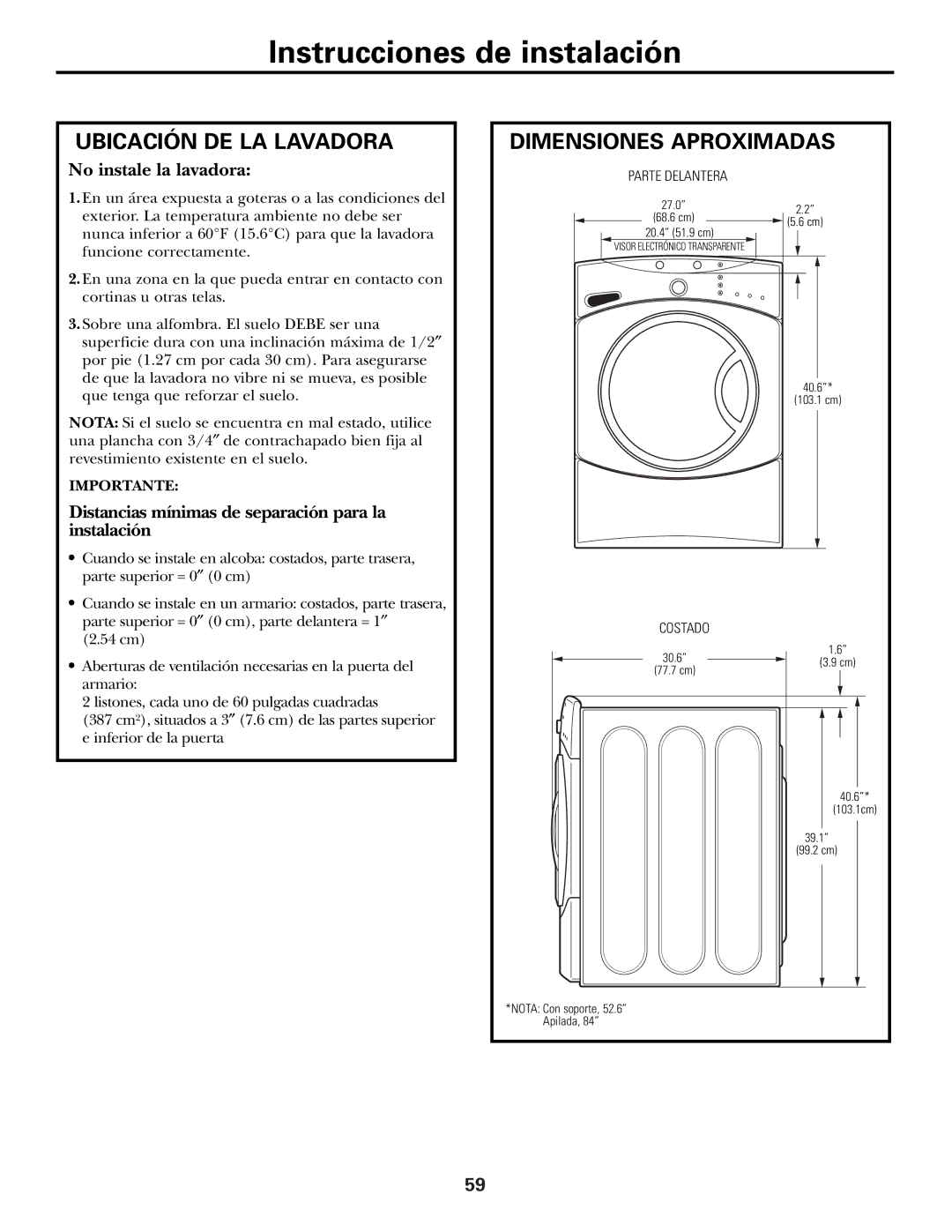 GE GBVH6260, WBVH6240, GCVH6260 installation instructions Instrucciones de instalación, Ubicación DE LA Lavadora 