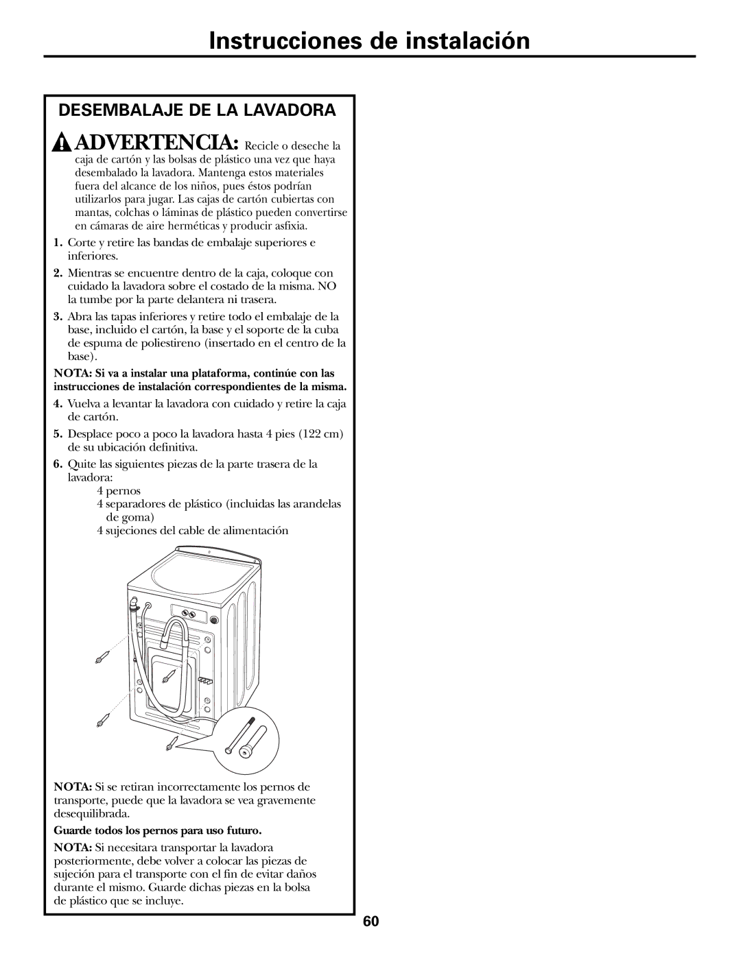 GE WBVH6240, GCVH6260, GBVH6260 installation instructions Desembalaje DE LA Lavadora, Guarde todos los pernos para uso futuro 