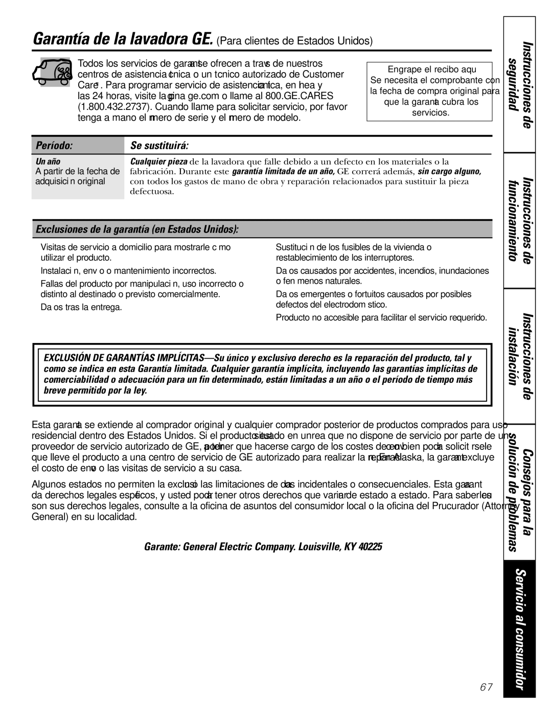 GE GCVH6260, WBVH6240, GBVH6260 Período Se sustituirá, Exclusiones de la garantía en Estados Unidos, Un año 