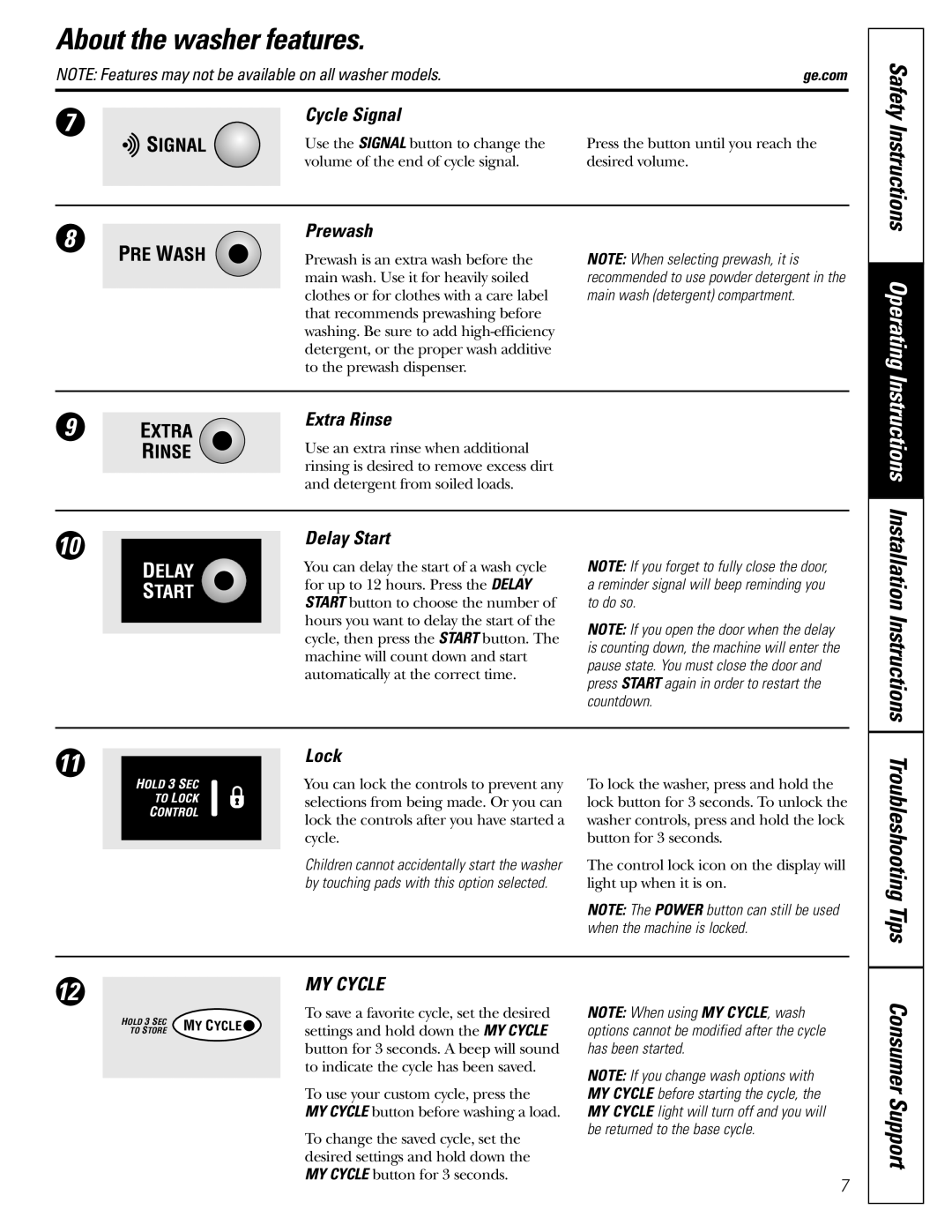 GE GCVH6260, WBVH6240, GBVH6260 installation instructions About the washer features, Consumer Support, Cycle Signal 