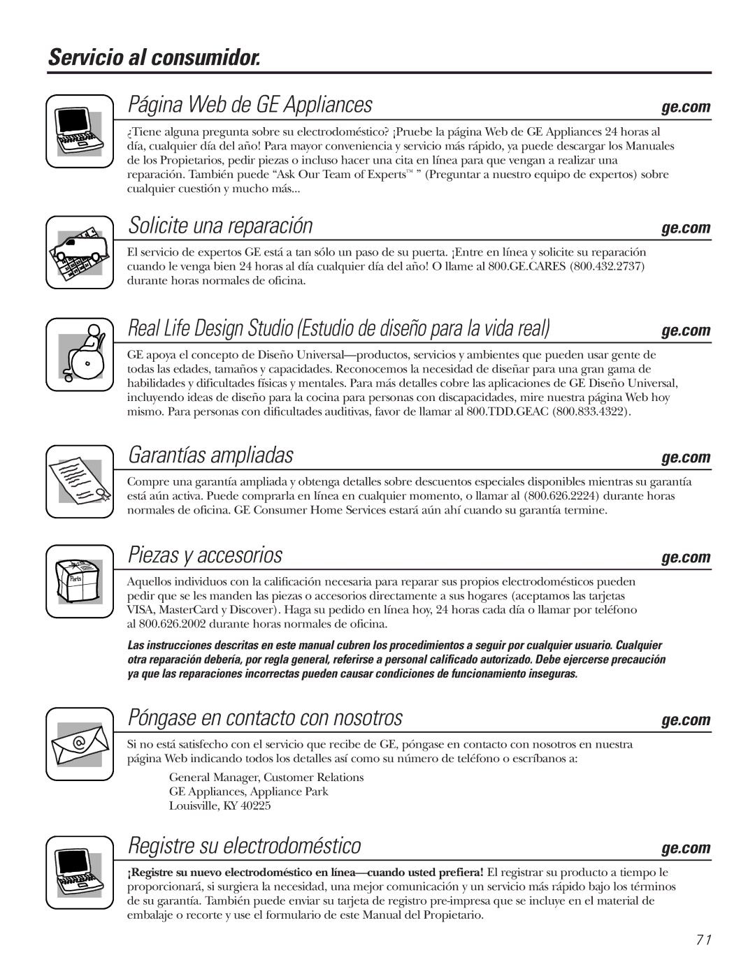 GE GBVH6260, WBVH6240 Servicio al consumidor Página Web de GE Appliances, Solicite una reparación, Garantías ampliadas 