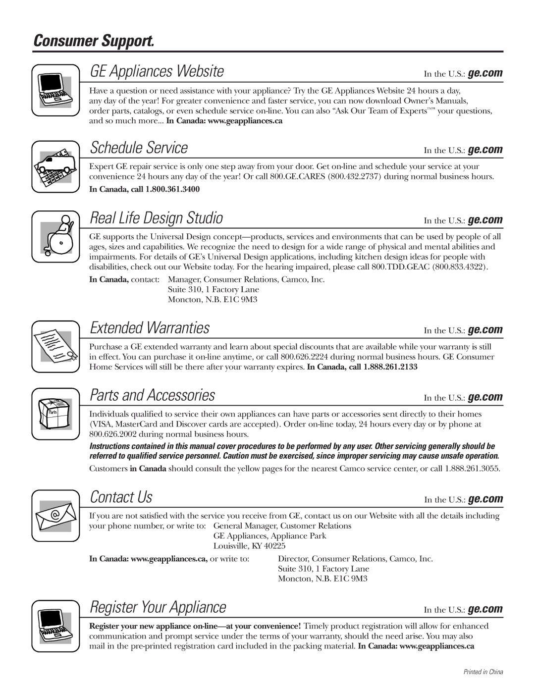 GE WBVH6240, GCVH6260, GBVH6260 installation instructions Consumer Support 