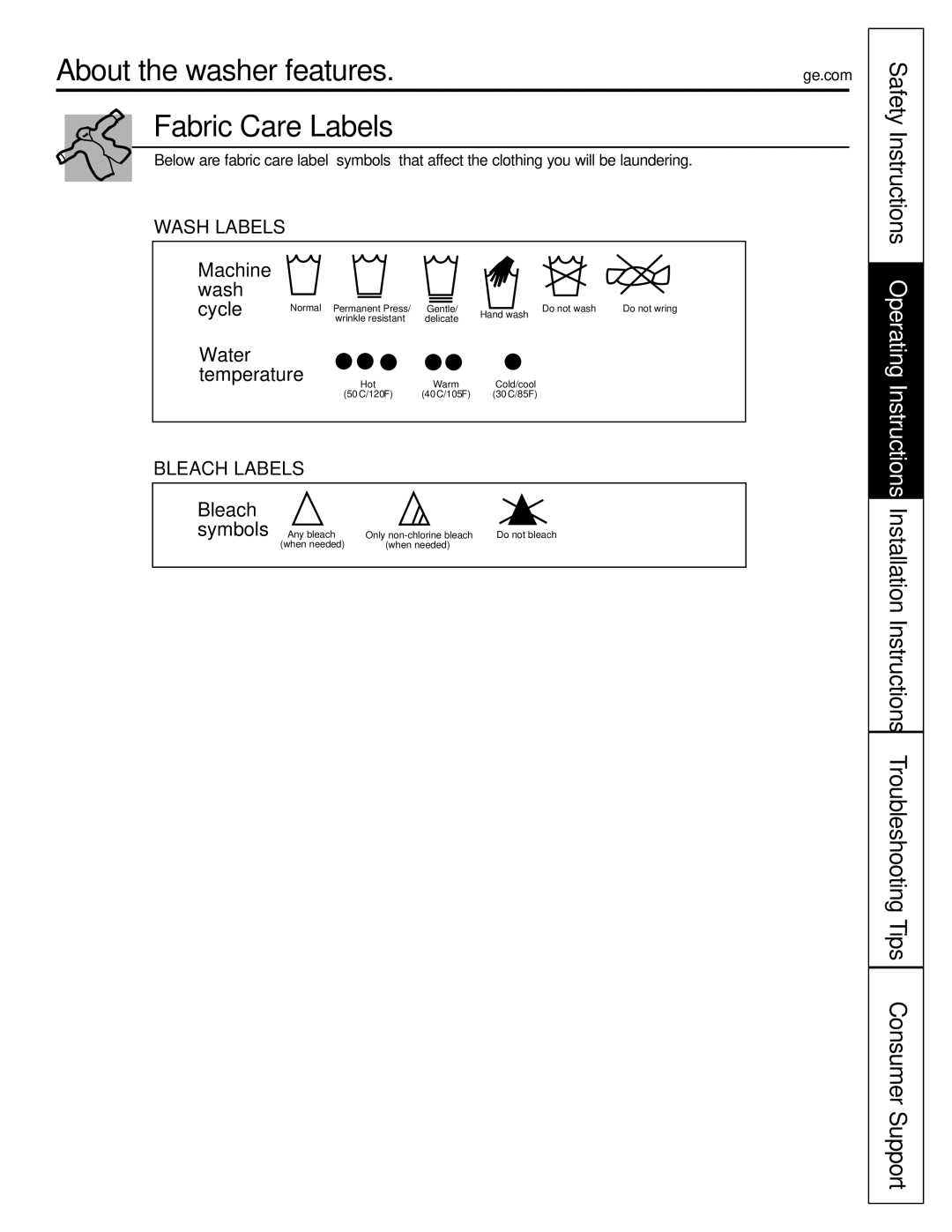 GE GBVH6260, WBVH6240, GCVH6260 installation instructions About the washer features, Fabric Care Labels 