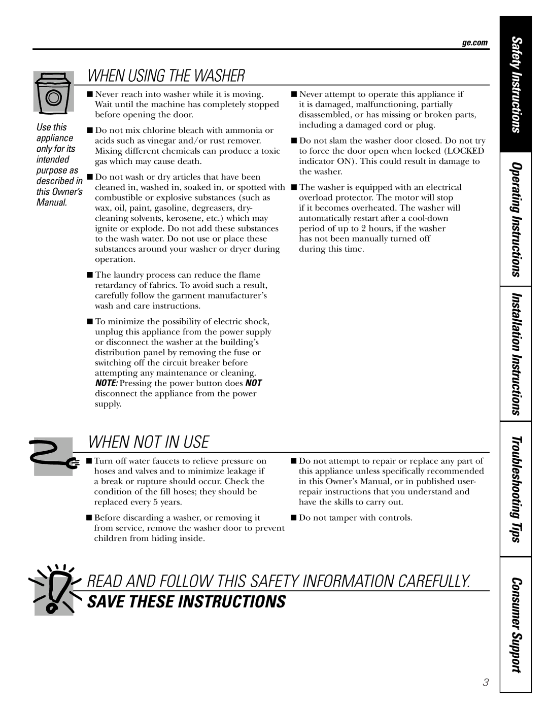 GE WBVH6240, GCVH6260, GBVH6260 installation instructions When Using the Washer, Ge.com 