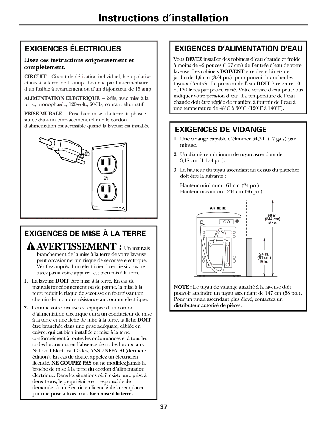 GE GCVH6260 Exigences Électriques, Exigences DE Mise À LA Terre, Exigences D’ALIMENTATION D’EAU, Exigences DE Vidange 