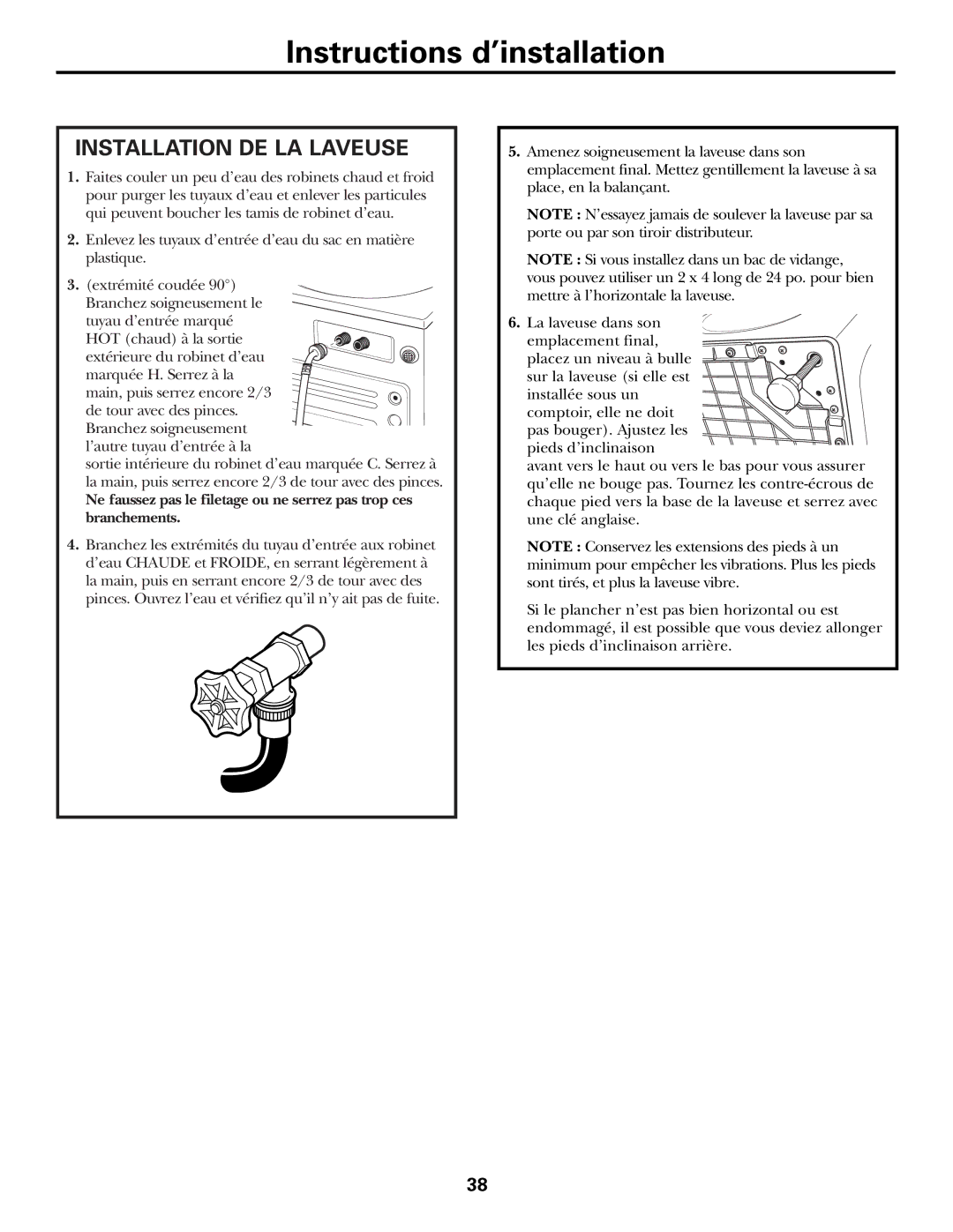 GE GBVH6260, WBVH6240, GCVH6260 installation instructions Installation DE LA Laveuse 