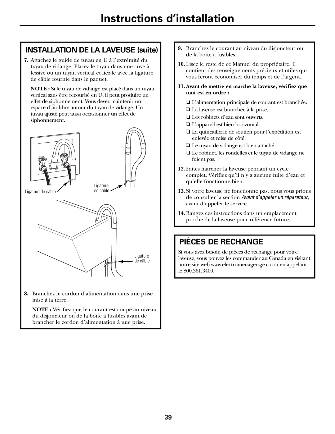 GE WBVH6240, GCVH6260, GBVH6260 installation instructions Installation DE LA Laveuse suite, Pièces DE Rechange 