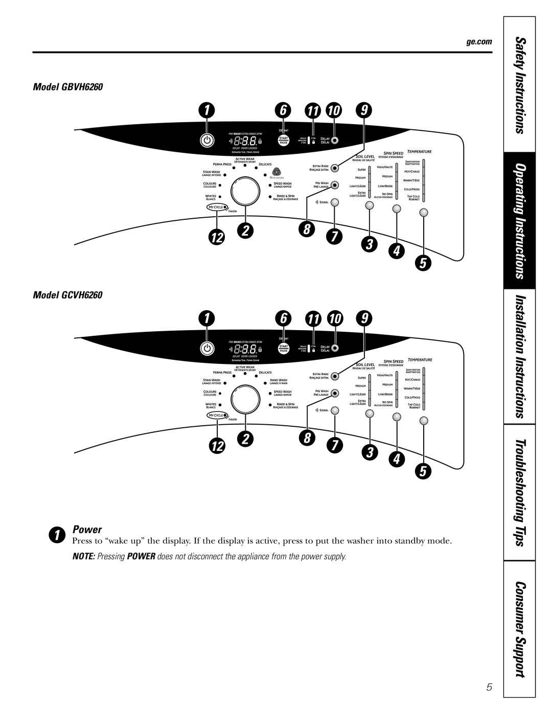 GE GBVH6260, WBVH6240, GCVH6260 installation instructions Power 