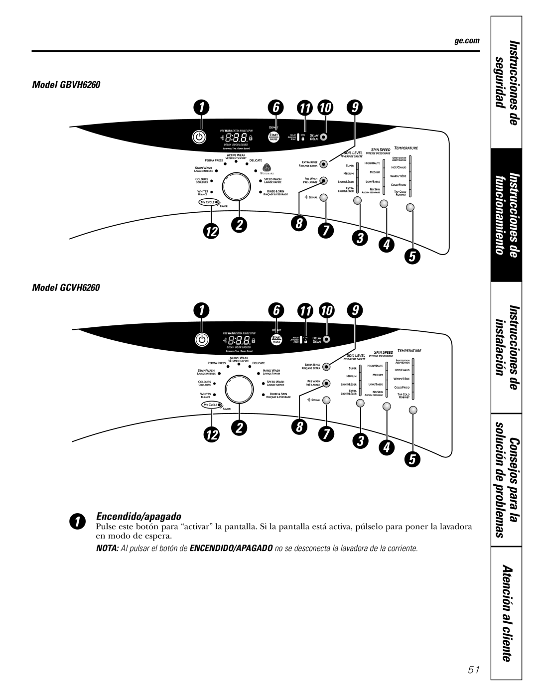 GE WBVH6240, GCVH6260, GBVH6260 installation instructions Encendido/apagado, Instrucciones 