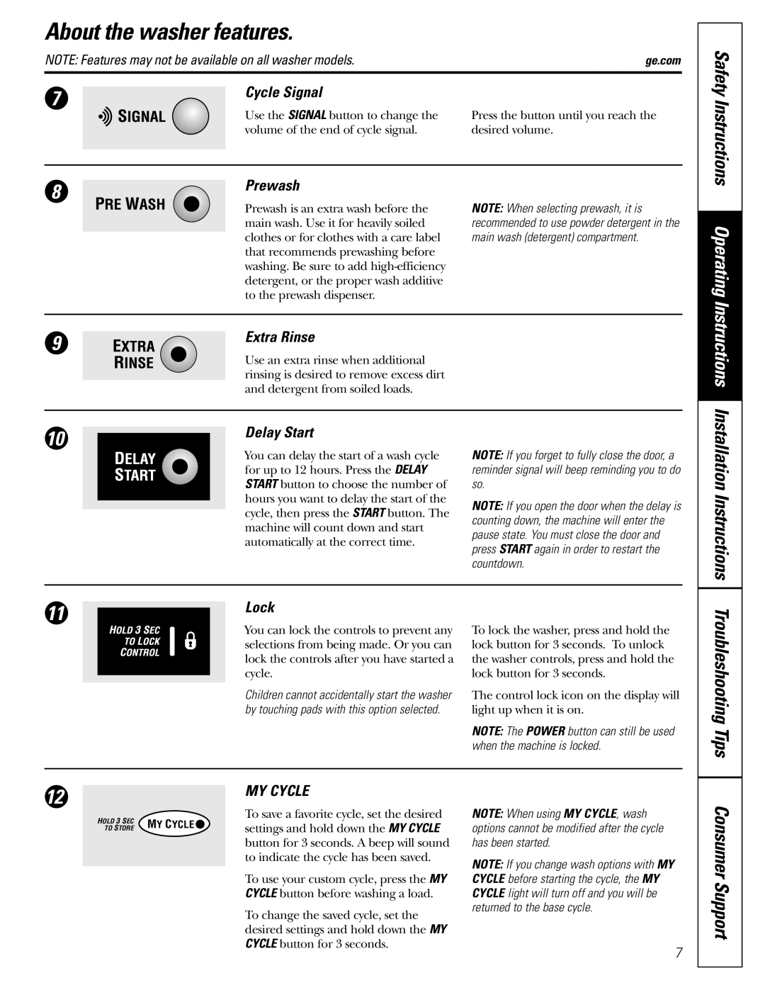 GE GCVH6260, WBVH6240, GBVH6260 installation instructions About the washer features, Consumer Support, Cycle Signal 