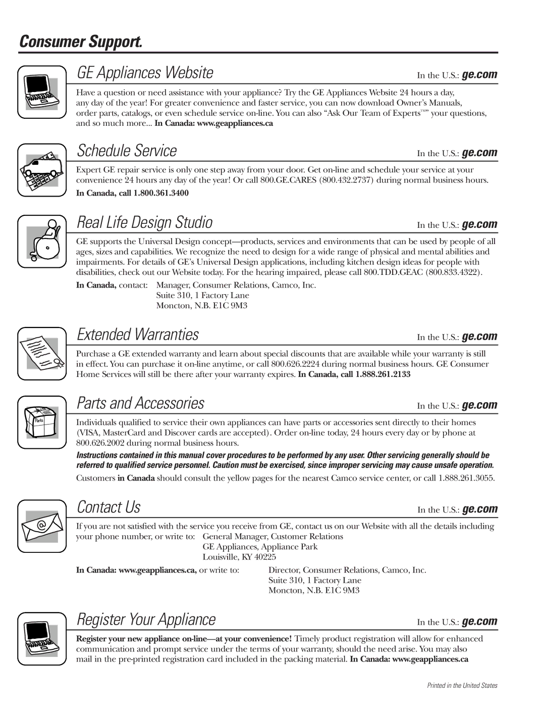 GE WBVH6240, GCVH6260, GBVH6260 installation instructions Consumer Support 