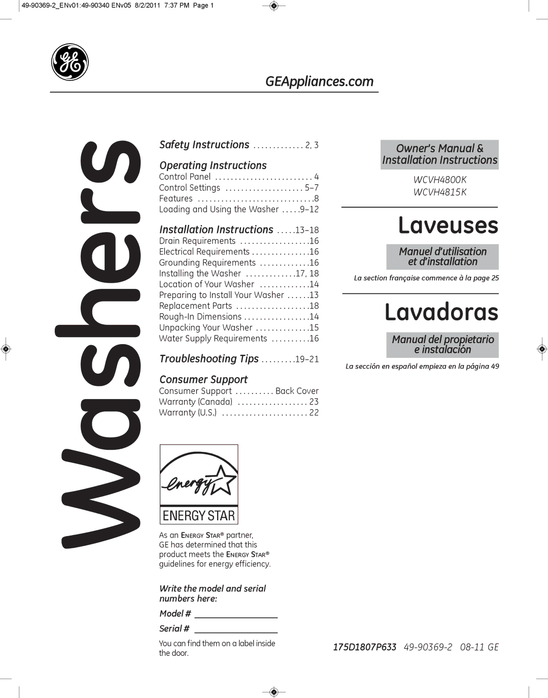 GE wcvh4800k, wcvh4815k installation instructions Washers 