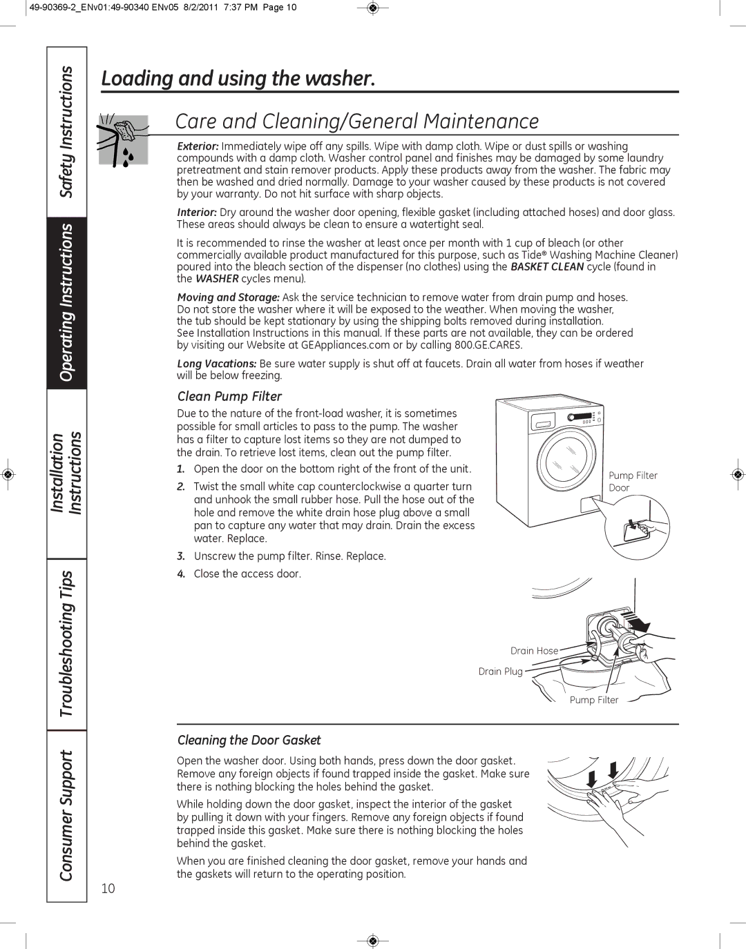 GE wcvh4815k, wcvh4800k Care and Cleaning/General Maintenance, Clean Pump Filter, Cleaning the Door Gasket 