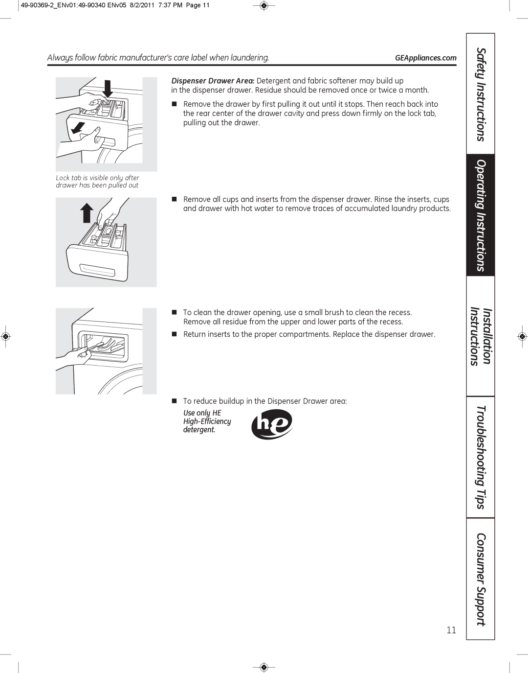 GE wcvh4800k, wcvh4815k installation instructions Use only HE High-Efficiency detergent 