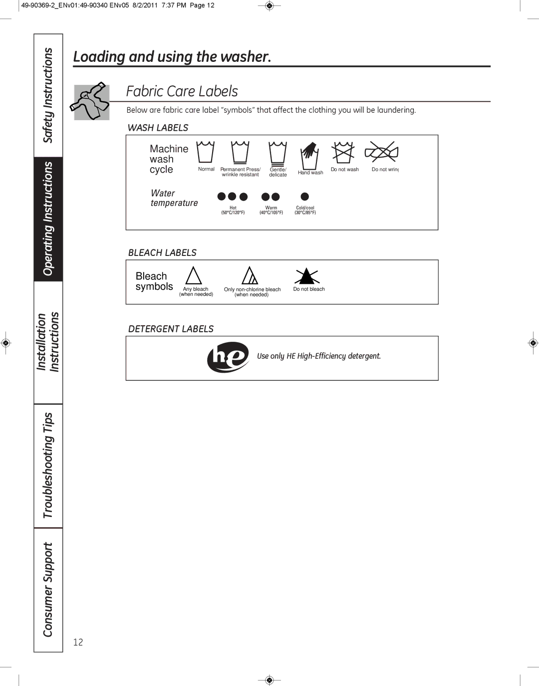 GE wcvh4815k, wcvh4800k installation instructions Fabric Care Labels, Use only HE High-Efficiency detergent 