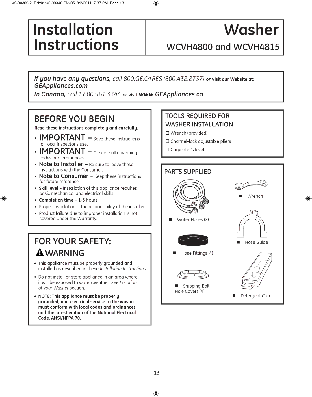 GE wcvh4800k, wcvh4815k installation instructions TOOLS rEQUIrED FOr WaSHEr InStaLLatIOn, PartS Supplied 