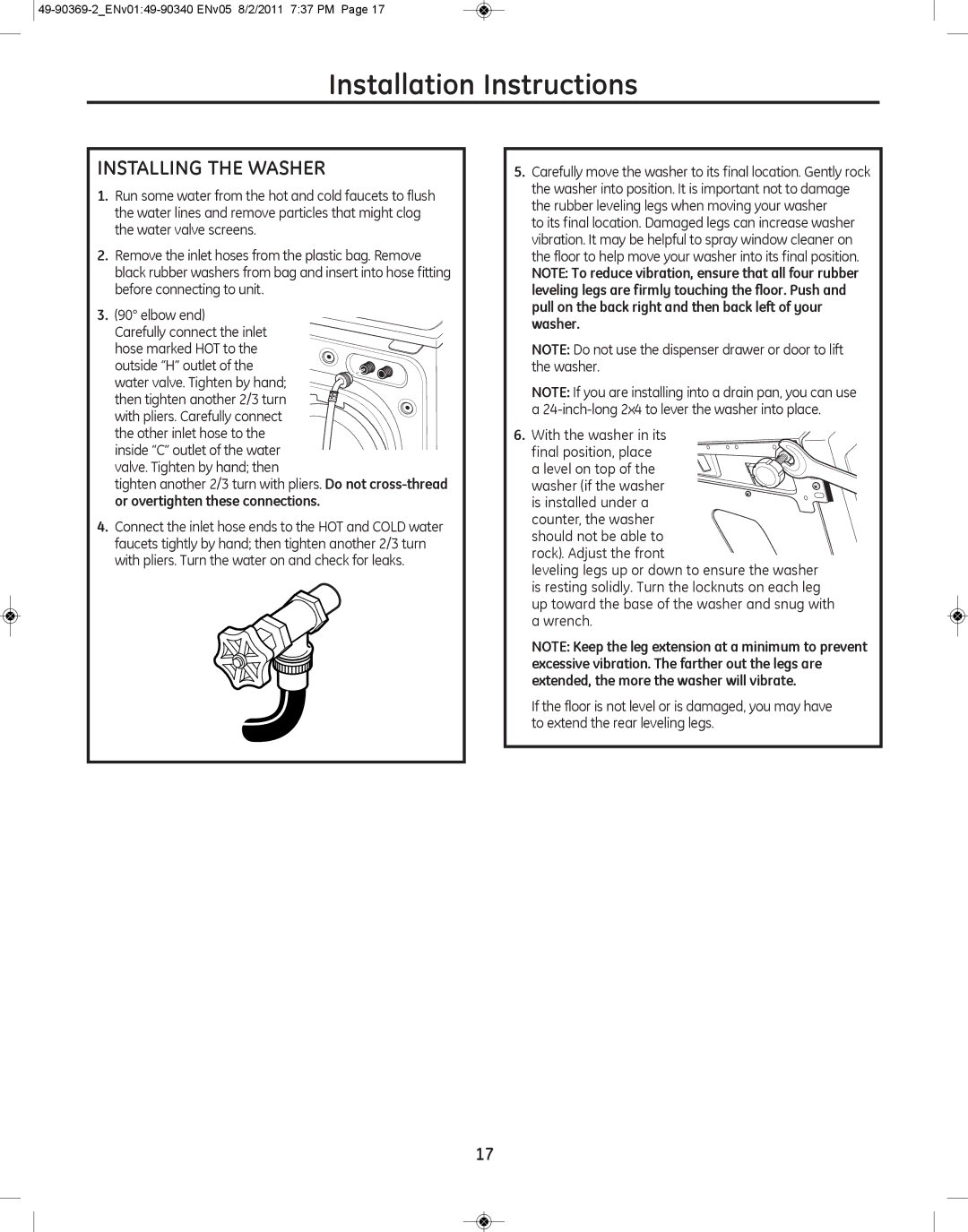 GE wcvh4800k, wcvh4815k installation instructions InStaLLIng tHE WaSHEr 