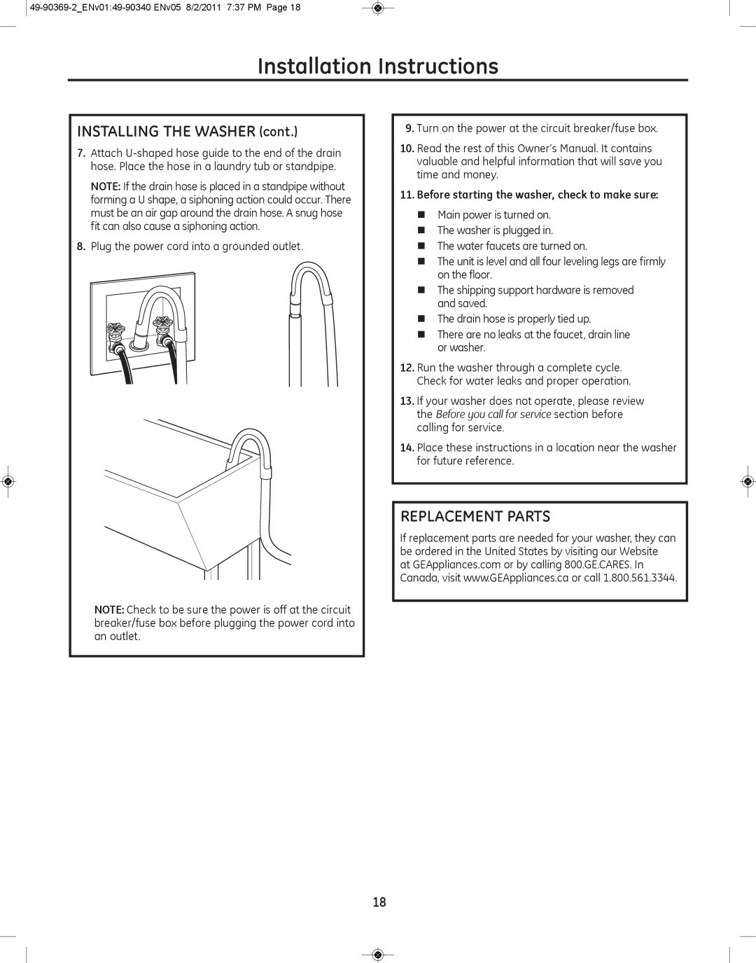 GE wcvh4815k, wcvh4800k installation instructions REPLaCEMEnt PartS, Before starting the washer, check to make sure 