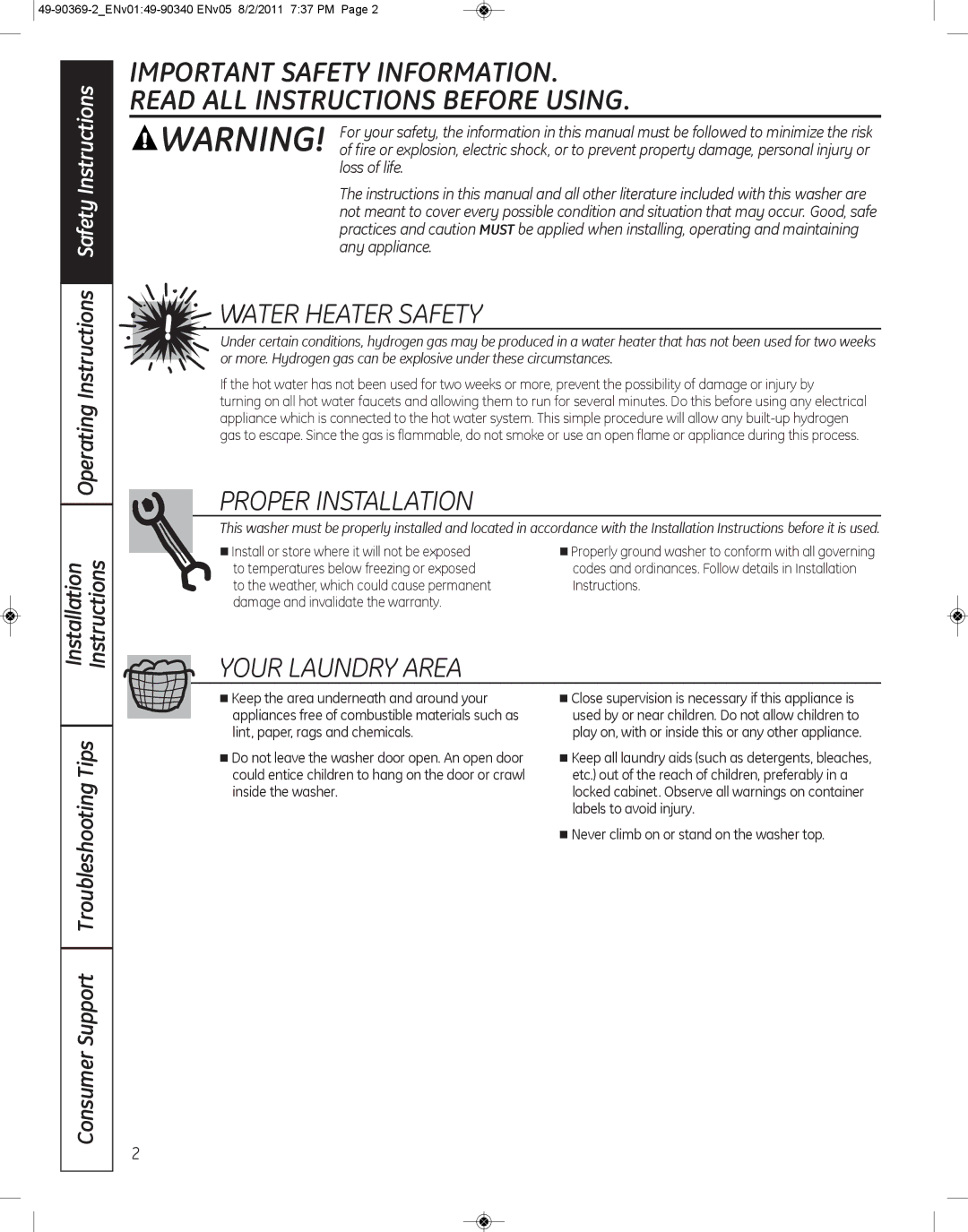 GE wcvh4815k, wcvh4800k installation instructions WaTEr HEaTEr SaFETY, ProPEr InSTaLLaTIon, Your LaundrY arEa 