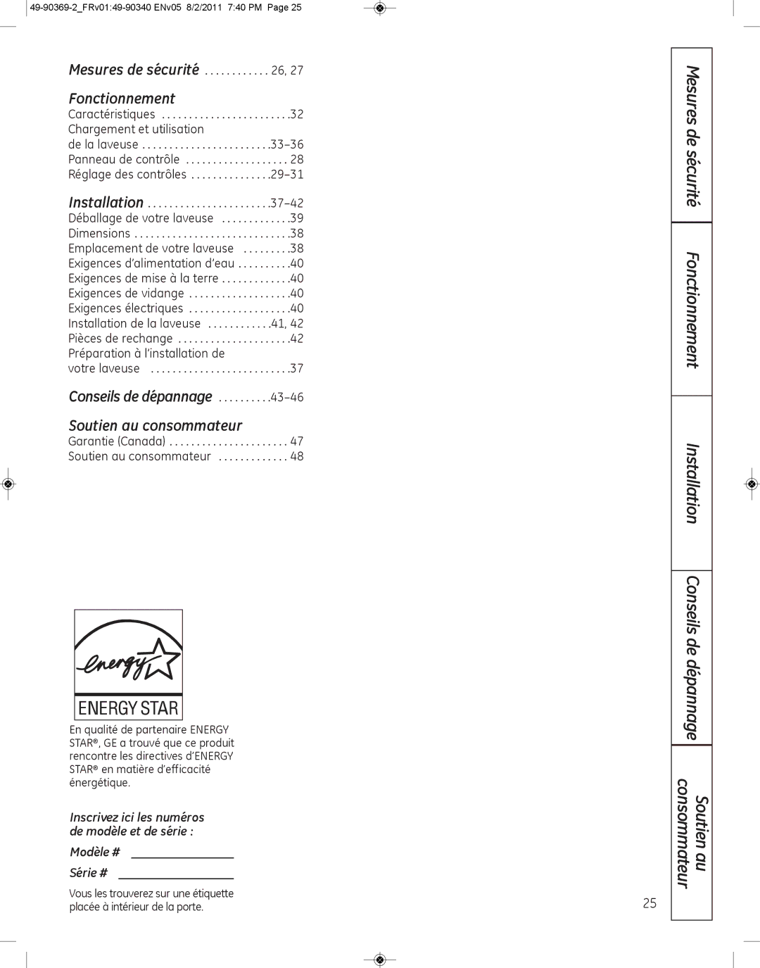 GE wcvh4800k, wcvh4815k installation instructions Fonctionnement 