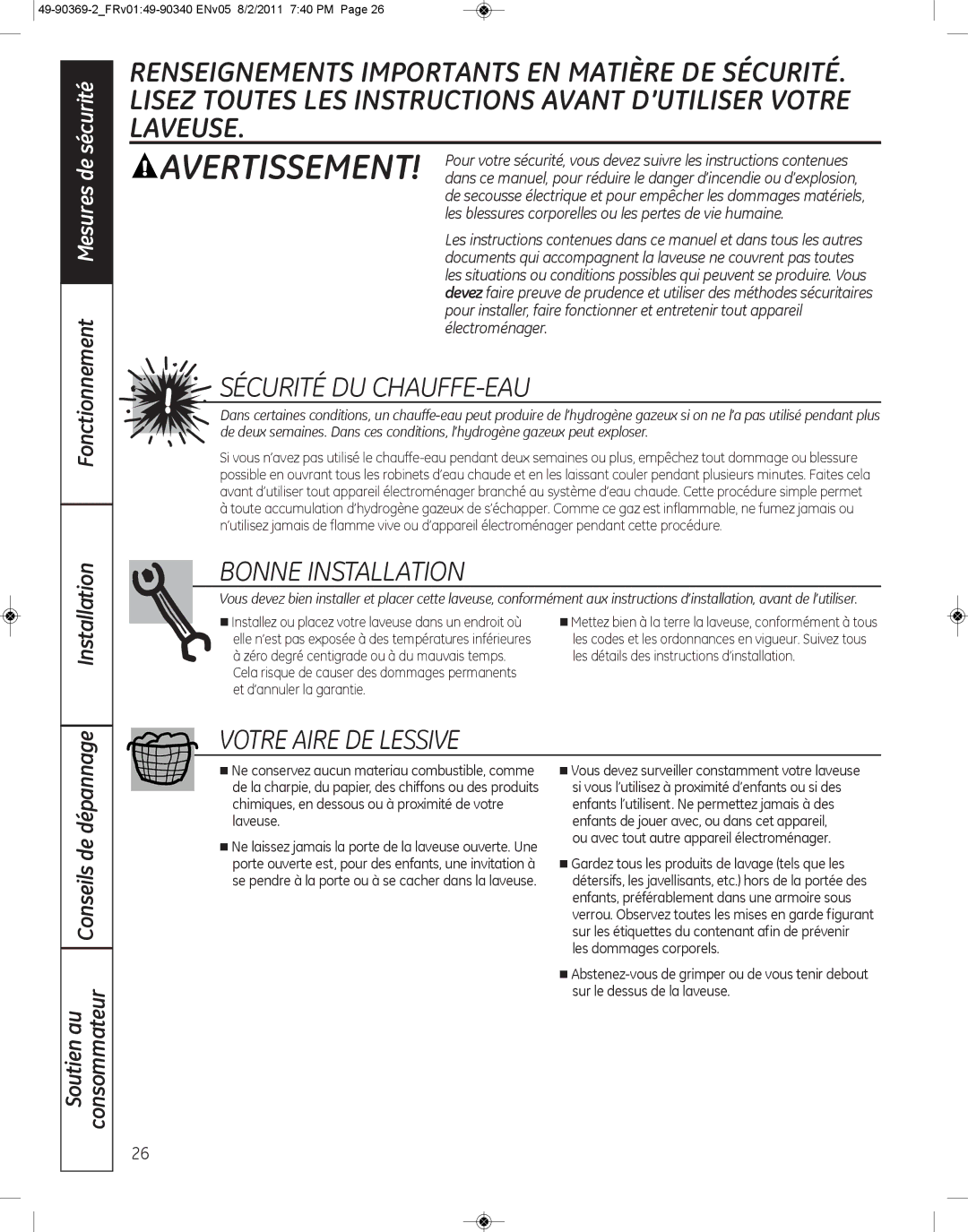 GE wcvh4815k, wcvh4800k installation instructions Sécurité DU CHAUFFE-EAU, ConsommateurSoutien au Conseils de dépannage 