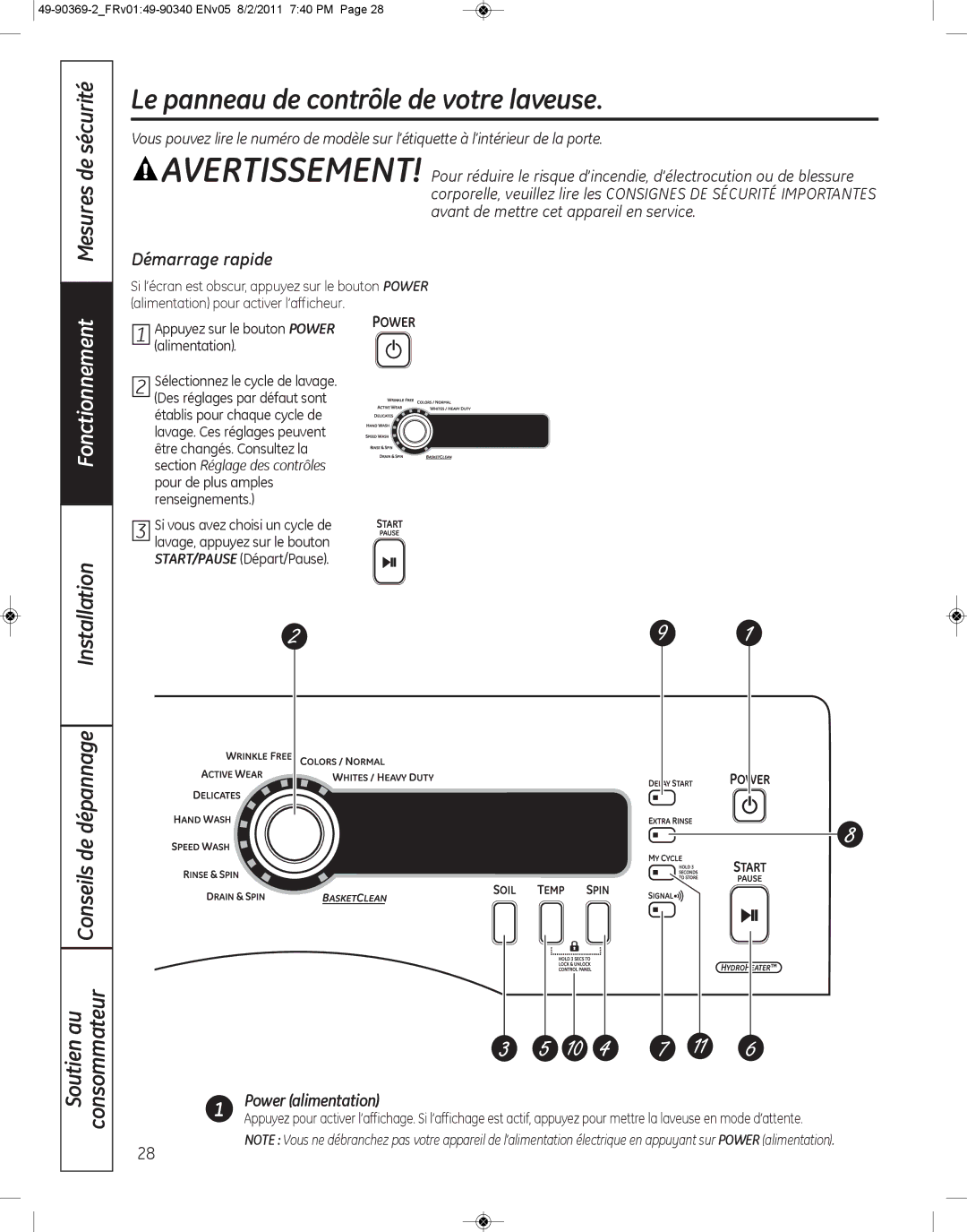 GE wcvh4815k, wcvh4800k Le panneau de contrôle de votre laveuse, Démarrage rapide, Power alimentation 