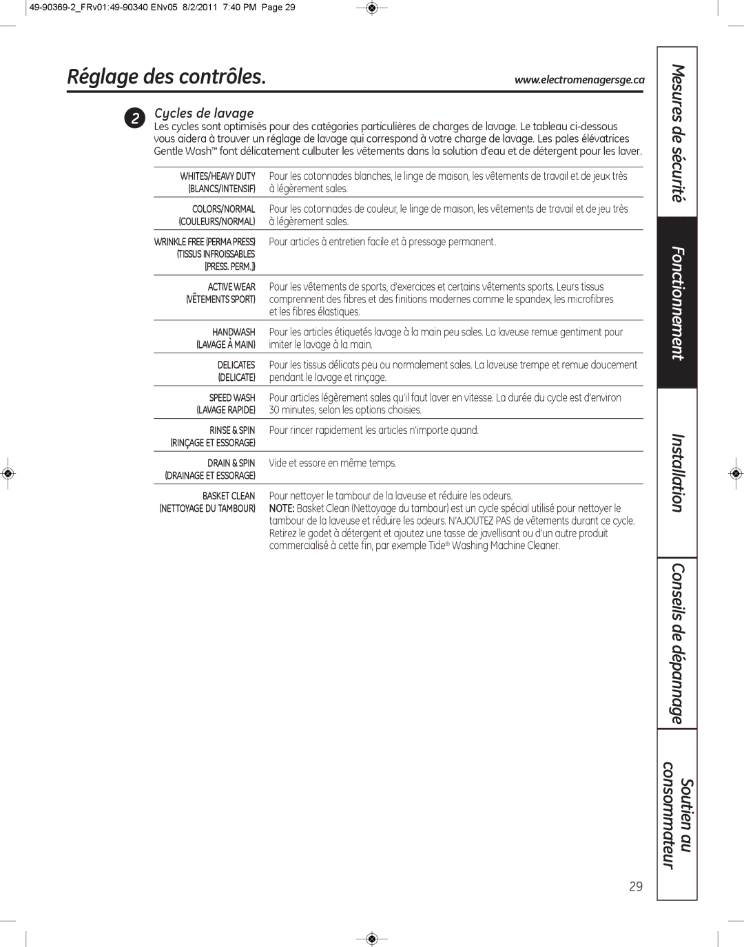 GE wcvh4800k, wcvh4815k installation instructions Réglage des contrôles, Cycles de lavage 