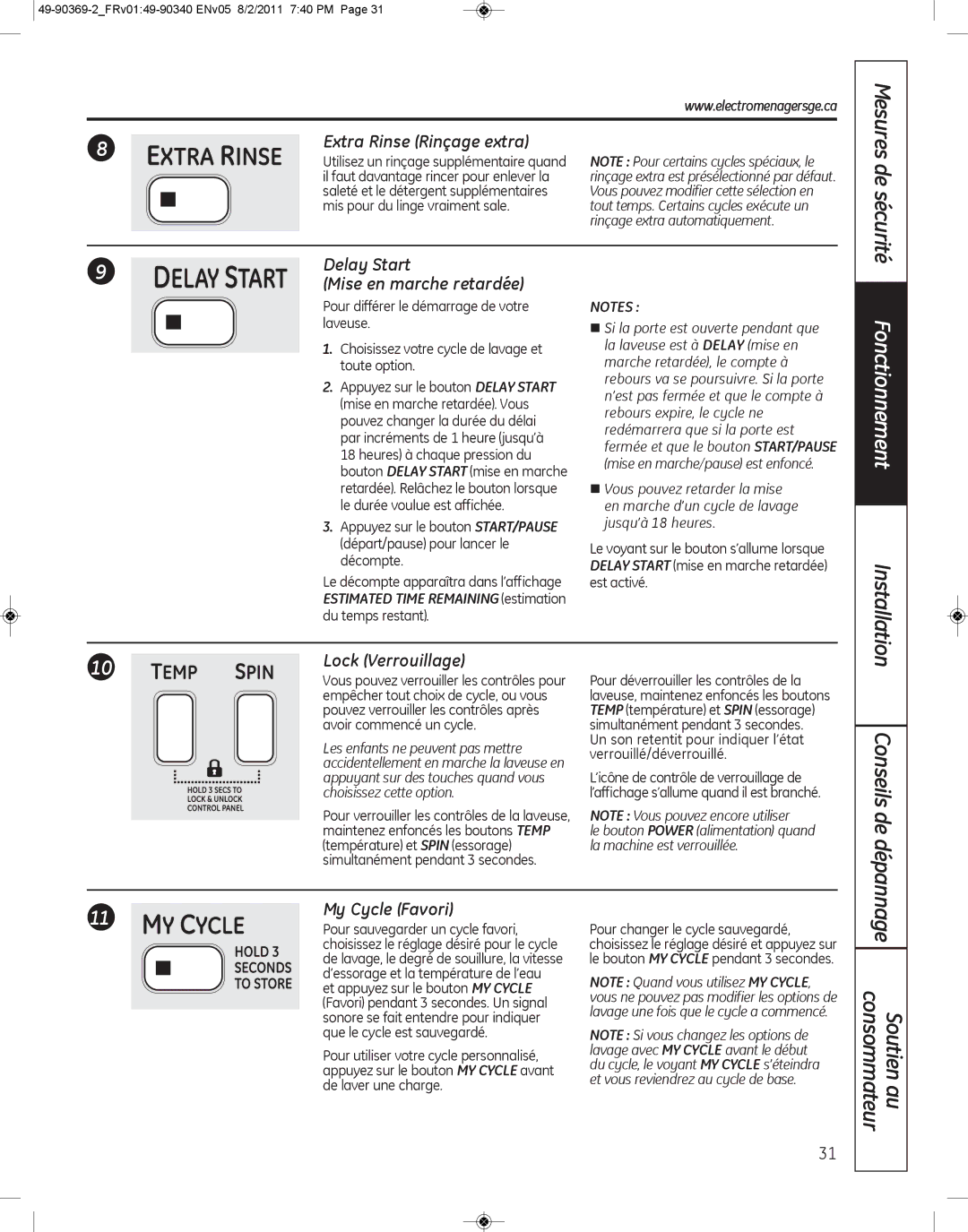 GE wcvh4800k, wcvh4815k Extra Rinse Rinçage extra, Delay Start Mise en marche retardée, Lock Verrouillage, My Cycle Favori 