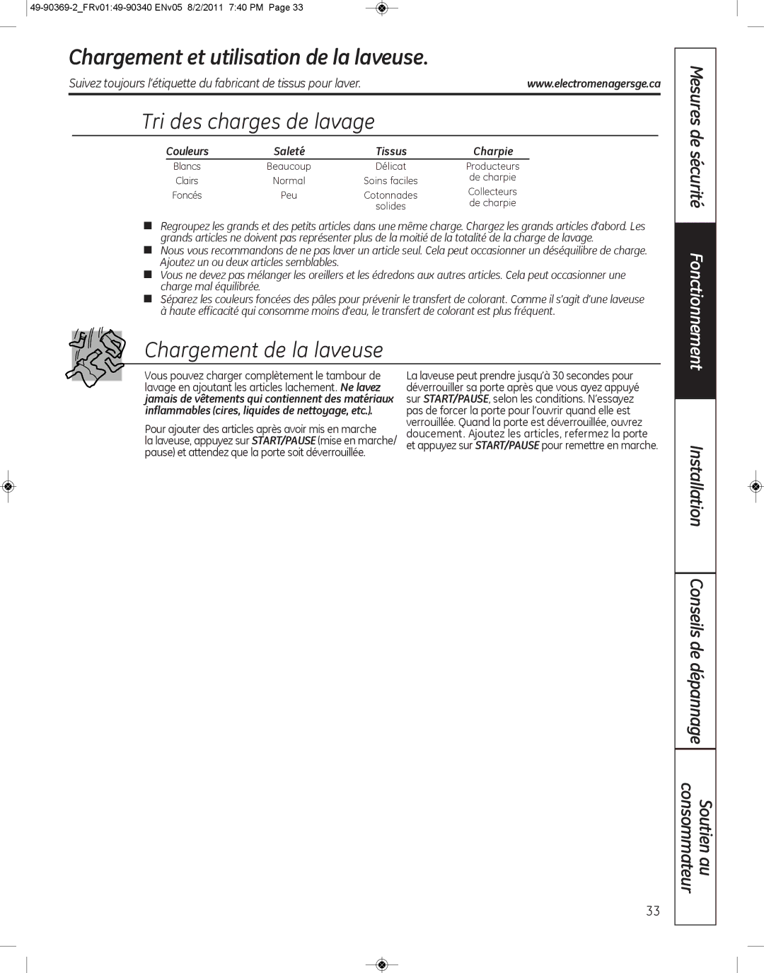 GE wcvh4800k, wcvh4815k Chargement et utilisation de la laveuse, Tri des charges de lavage, Chargement de la laveuse 