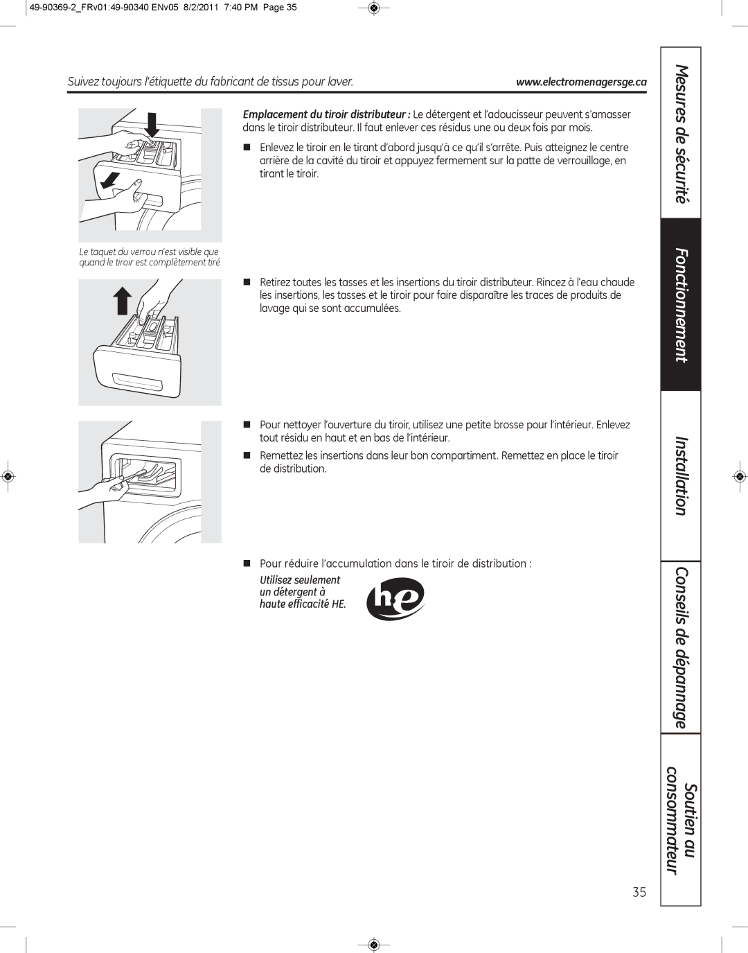 GE wcvh4800k, wcvh4815k installation instructions Utilisez seulement un détergent à haute efficacité HE 