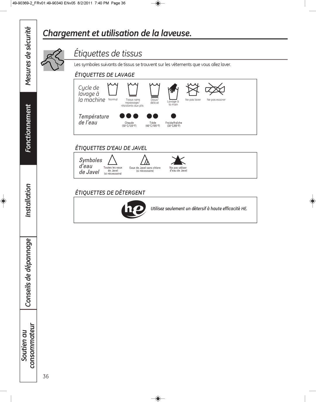 GE wcvh4815k, wcvh4800k installation instructions Étiquettes de tissus, Utilisez seulement un détersif à haute efficacité HE 