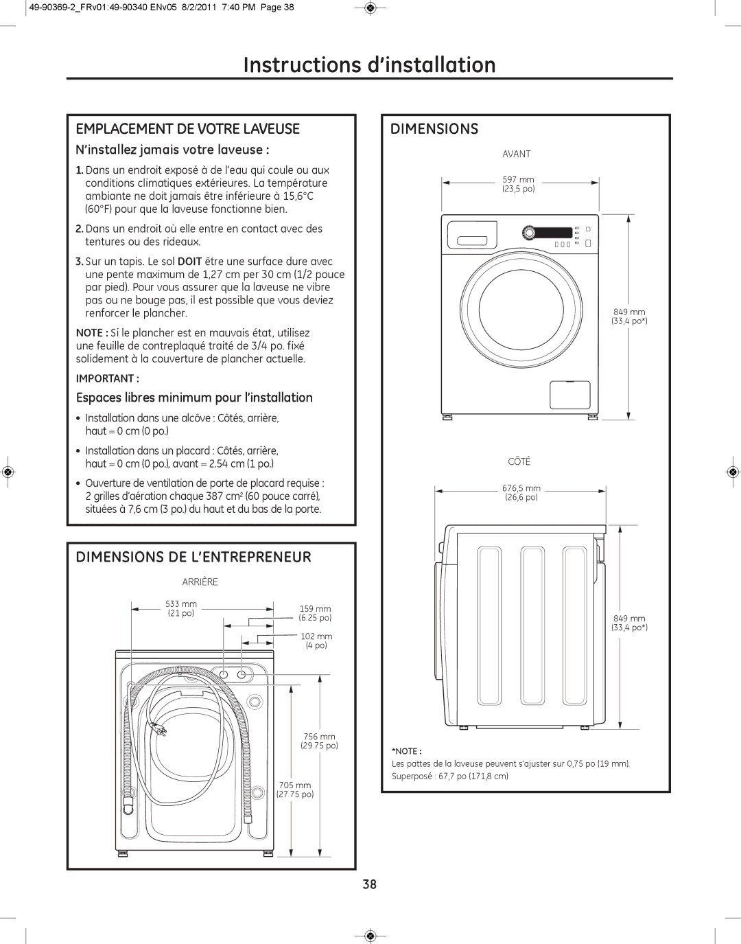 GE wcvh4815k, wcvh4800k installation instructions Emplacement DE Votre Laveuse, Dimensions DE L’ENTREPRENEUR 