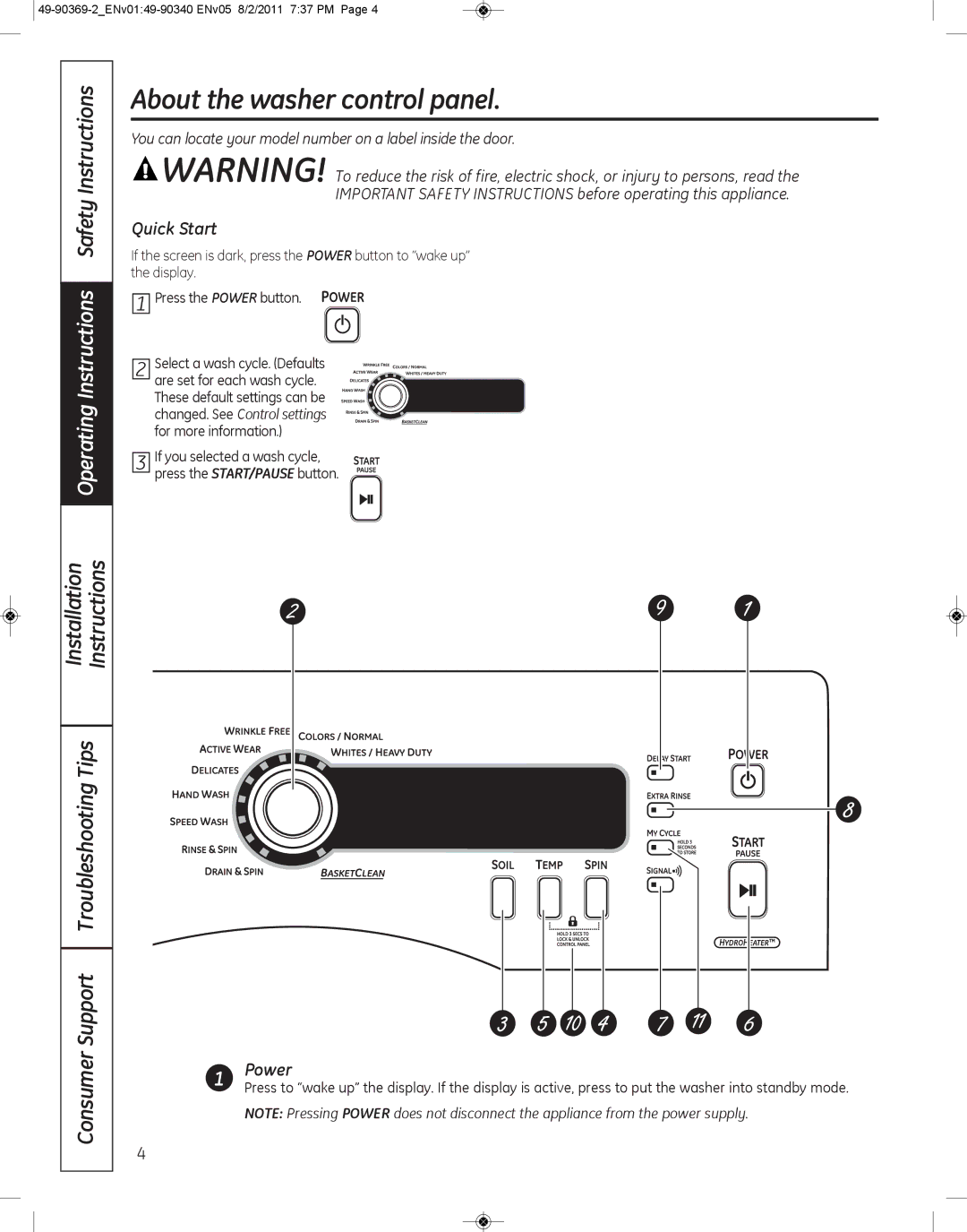 GE wcvh4815k, wcvh4800k installation instructions About the washer control panel, Quick Start, Power 