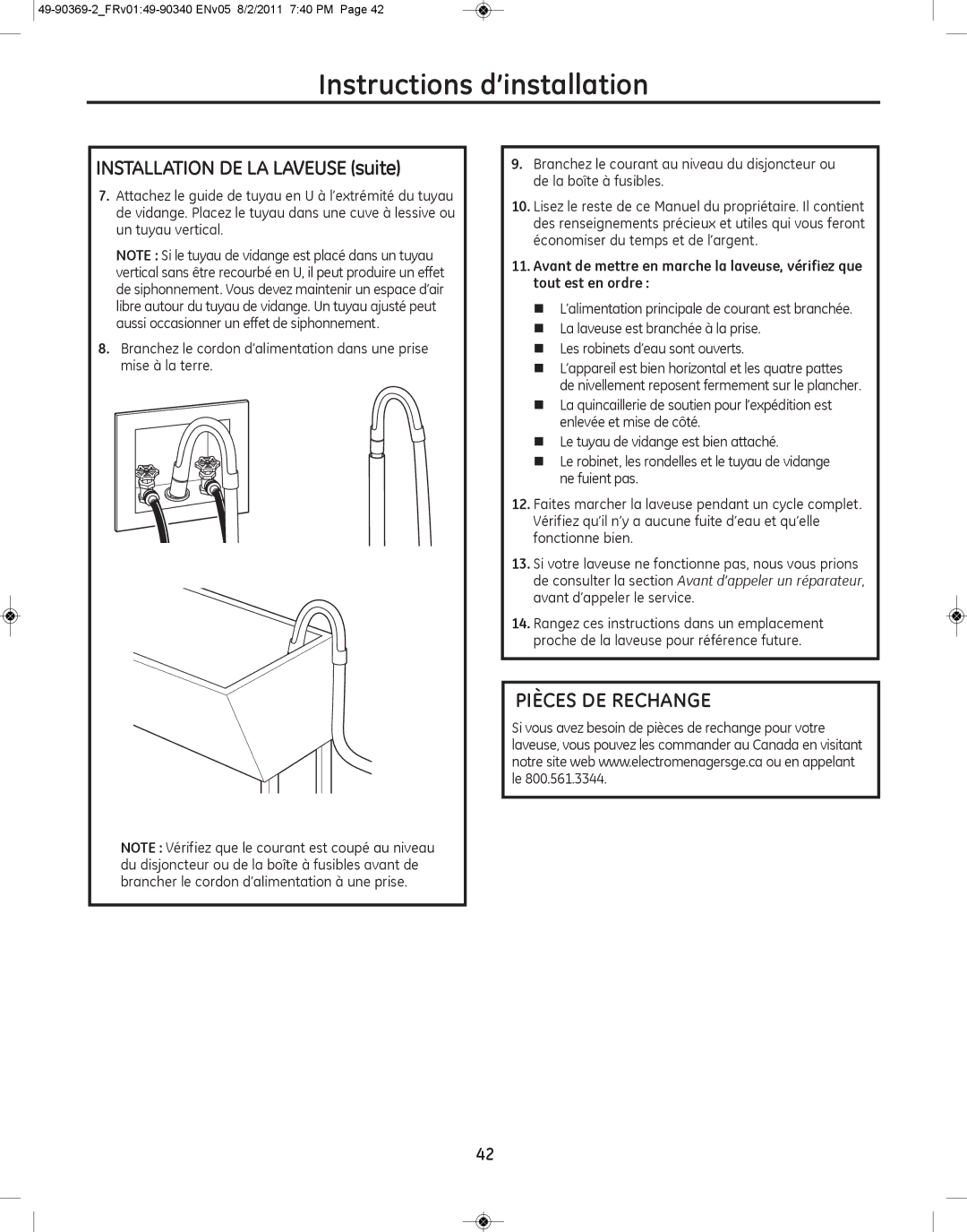 GE wcvh4815k, wcvh4800k installation instructions Installation DE LA Laveuse suite, Pièces DE Rechange 