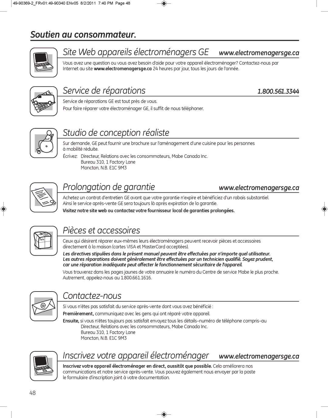 GE wcvh4815k Soutien au consommateur Service de réparations, Studio de conception réaliste, Prolongation de garantie 