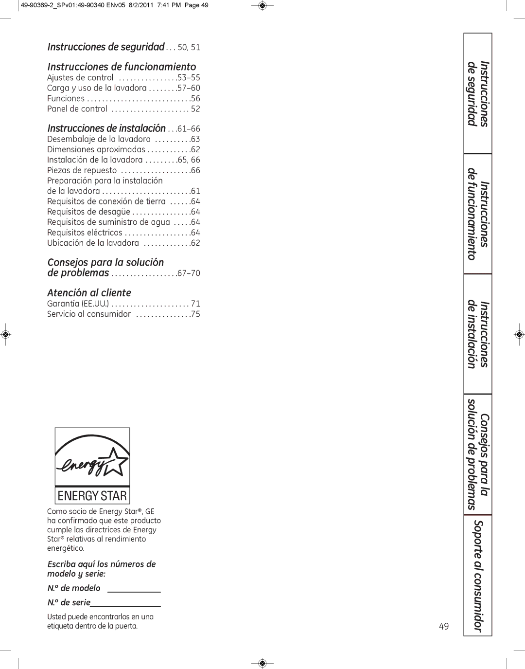 GE wcvh4800k, wcvh4815k installation instructions Instrucciones de seguridad Instrucciones de funcionamiento 