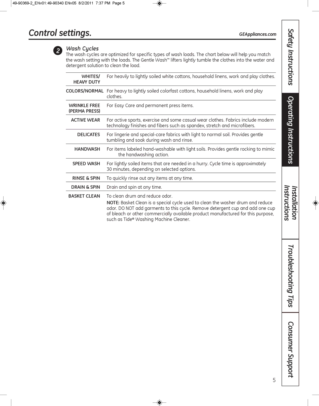 GE wcvh4800k, wcvh4815k installation instructions Control settings, Wash Cycles 