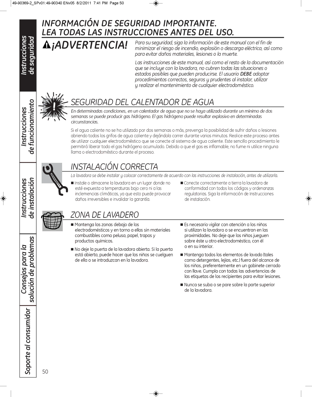 GE wcvh4815k, wcvh4800k installation instructions SeGUrIdad del CalenTador de aGUa, InSTalaCIÓn CorreCTa, Zona de lavadero 