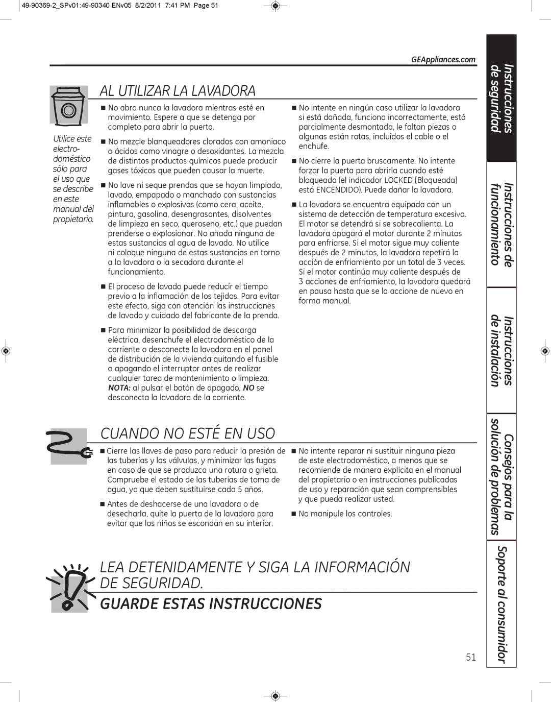 GE wcvh4800k Al UTIlIZar la lavadora, CUando no eSTÉ en USo, Lea deTenIdamenTe y SIGa la InformaCIÓn de SeGUrIdad 