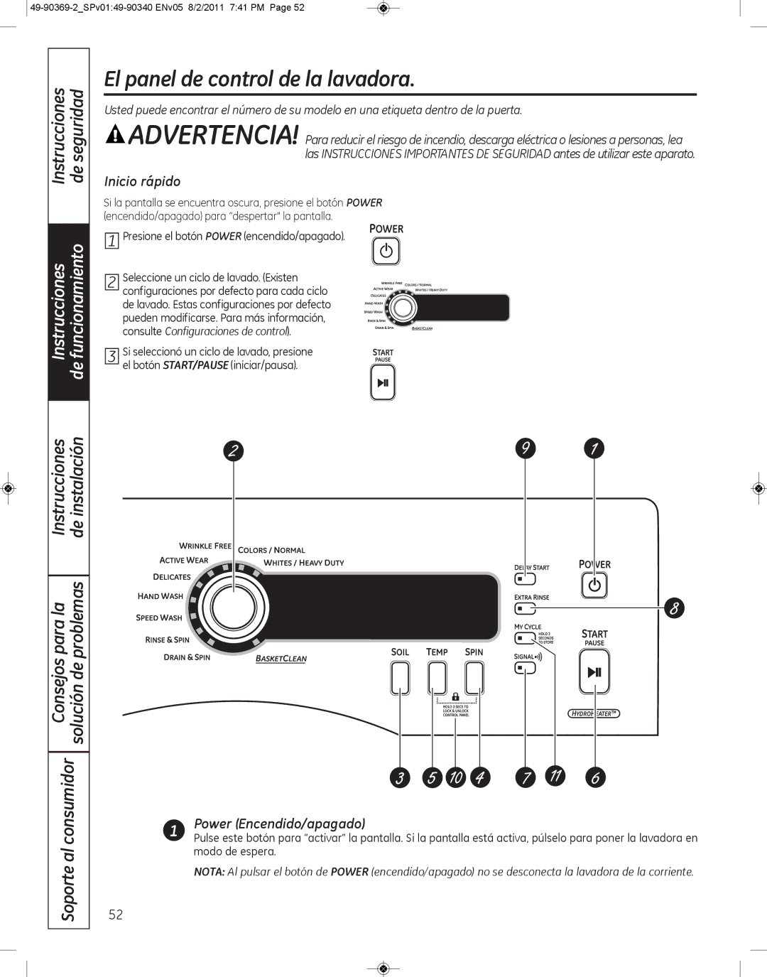 GE wcvh4815k, wcvh4800k installation instructions El panel de control de la lavadora, Inicio rápido, Power Encendido/apagado 