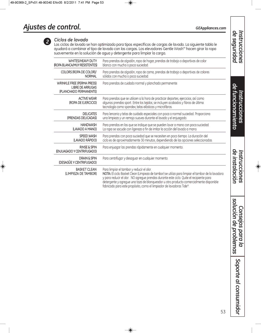 GE wcvh4800k, wcvh4815k installation instructions Ajustes de control, Ciclos de lavado 