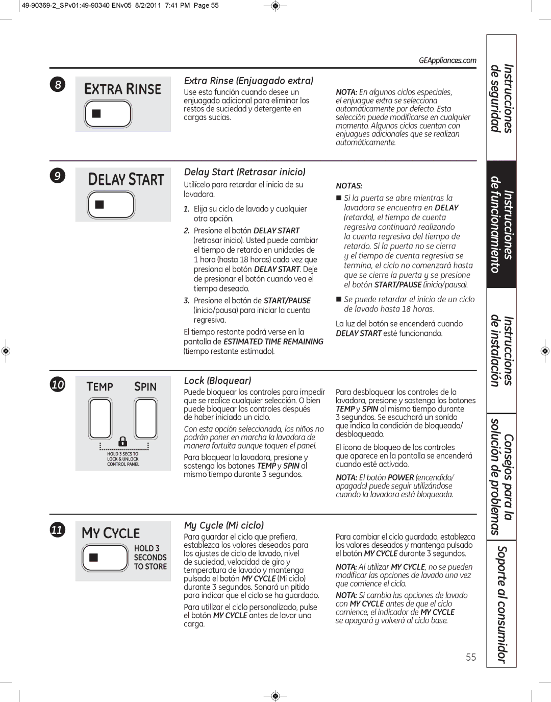 GE wcvh4800k Extra Rinse Enjuagado extra, Delay Start Retrasar inicio, Instrucciones de instalación Lock Bloquear 