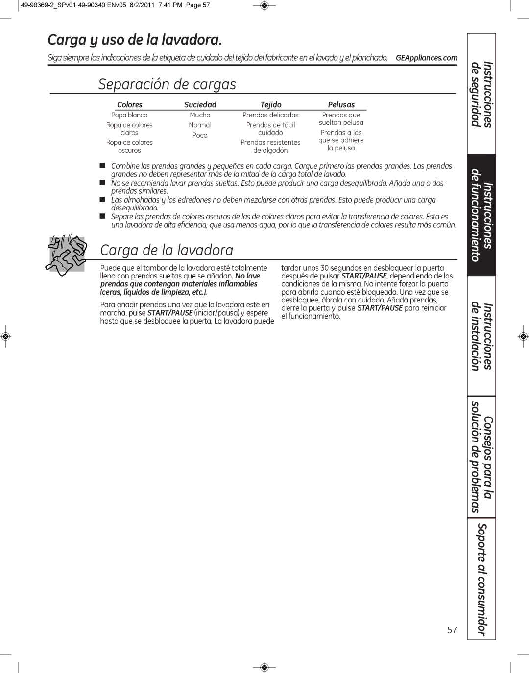 GE wcvh4800k, wcvh4815k installation instructions Carga y uso de la lavadora, Separación de cargas, Carga de la lavadora 