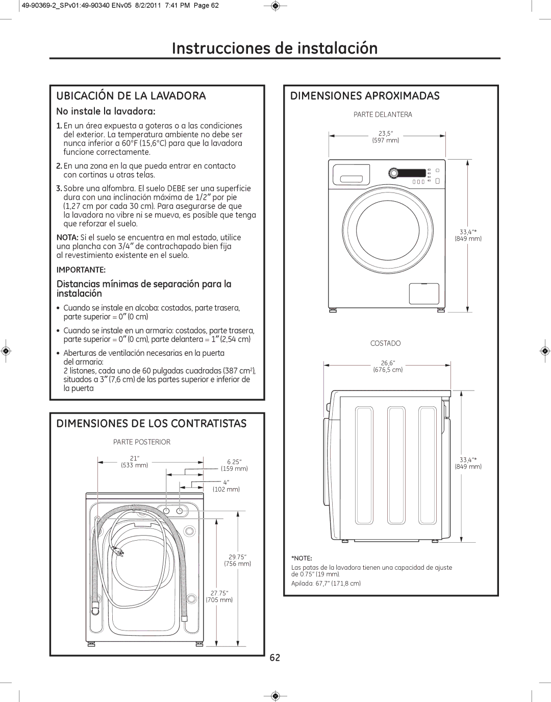 GE wcvh4815k, wcvh4800k Ubicación DE LA Lavadora, Dimensiones DE LOS Contratistas, Dimensiones Aproximadas 