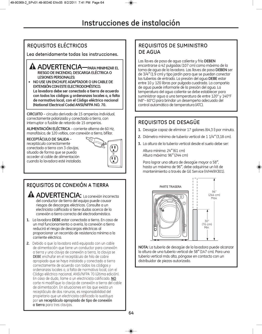 GE wcvh4815k, wcvh4800k Requisitos Eléctricos, Requisitos DE Suministro DE Agua, Requisitos DE Desagüe 