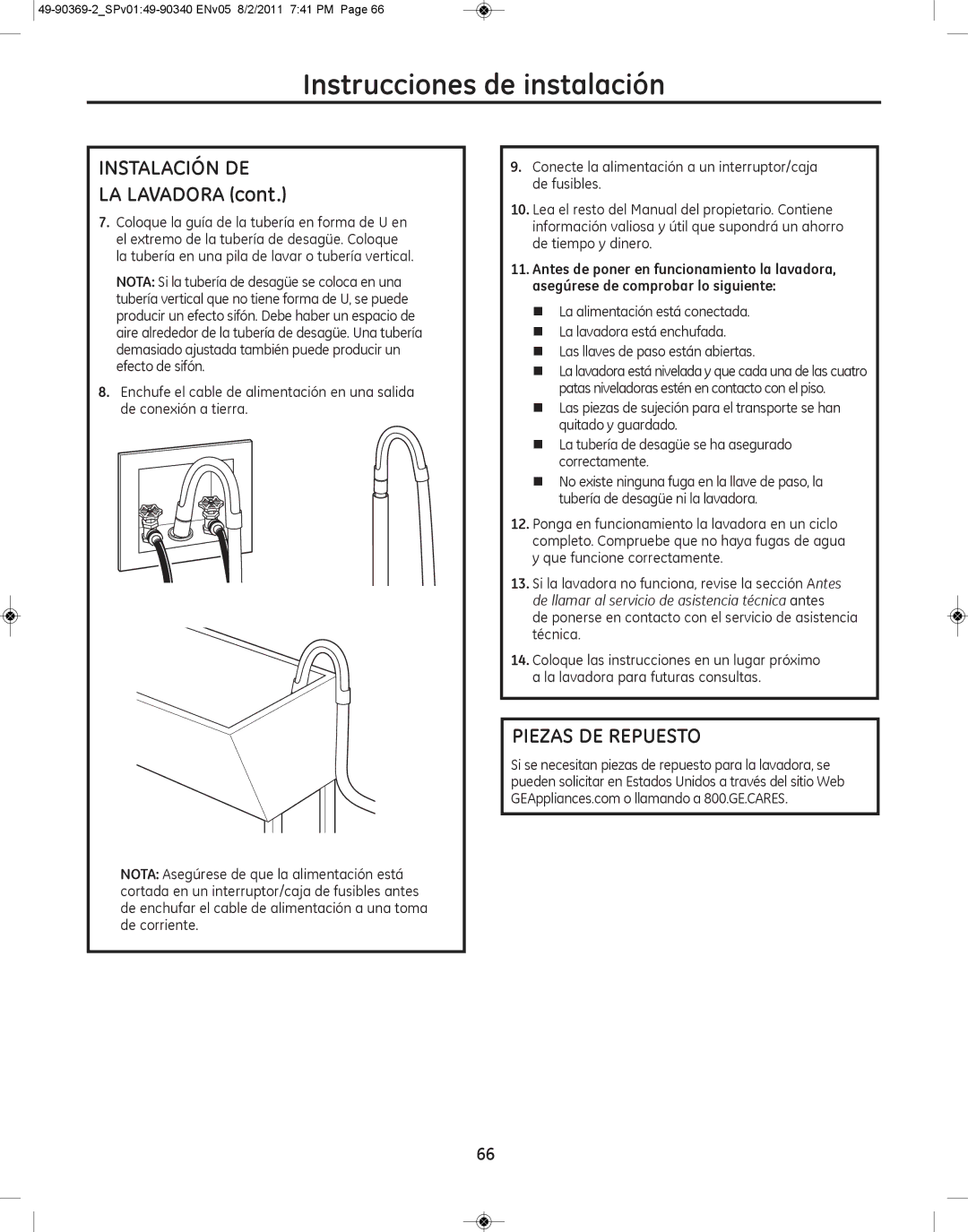 GE wcvh4815k, wcvh4800k installation instructions Instalación DE, LA Lavadora, Piezas DE Repuesto 